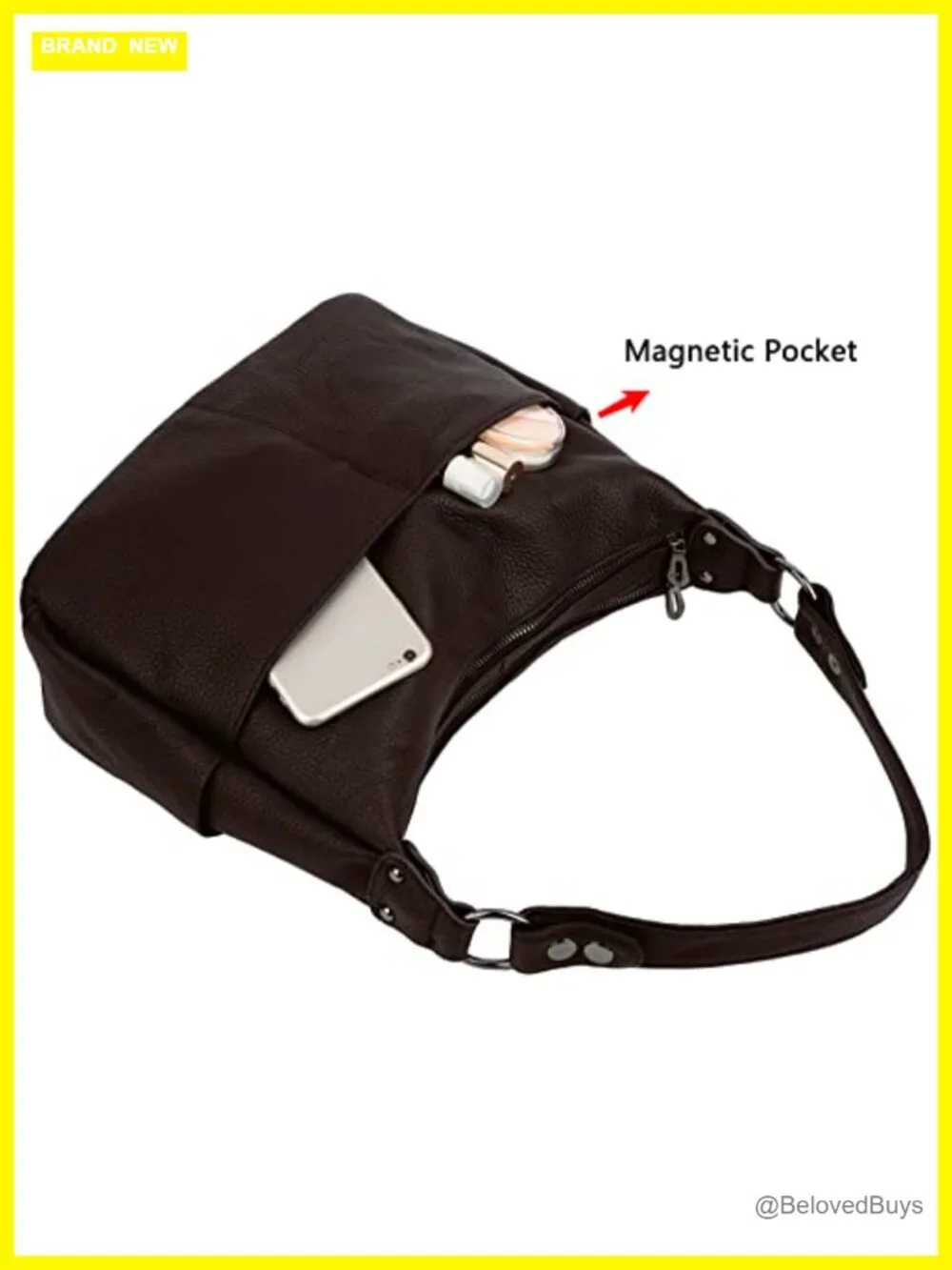 Genuine Cowhide Leather Hobo Shoulder Bag with Zip Pockets